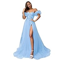 Off Shoulder Glitter Tulle Prom Dresses with Slit 3D Flower Sweetheart Prom Dress Ball Gowns for Women Puffy 2023 Dress
