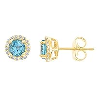 14k Yellow Gold Brilliant Round Cut Blue Topaz & Diamond Halo Stud Earrings