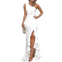 Women One Shoulder Ruched Split Mermaid Evening Cocktail Formal Long Maxi Dresses Gowns