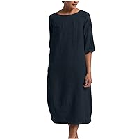 Womens Summer Medium Sleeve Cotton Linen Dress Casual Crewneck Shirt Dress Solid Plus Size Daily Dresses Loose Fit Shirts
