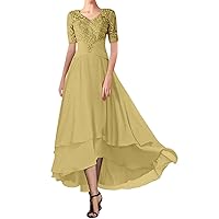 V-Neck Mother of The Bride Dresses for Wedding Lace Appliques Long Sleeve Hi Low for Women Wedding Guest Dresses