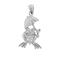 18K White Gold Frog With Umbrella Pendant, Made in USA