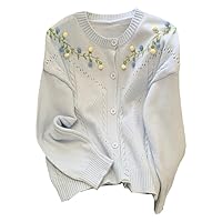 Autumn Vintage Floral Embroidery Knitted Cardigan Women Korean O Neck Outerwear Long Sleeve Elegant White Sweaters