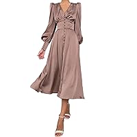 Women's Satin Dress Long Lantern Sleeves Silk Cocktail Dresses for Party V Neck Evening Gowns for 2024