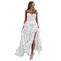 Lace Strapless Corset Prom Dresses for Women 2024 Long Tiered Ruffle Chiffon Formal Evening Dress with Slit