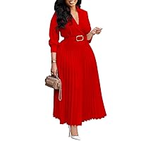 Long Sleeve Pleated Maxi Dress for Women Casual Party Wear with Belt Summer Daily Outfits