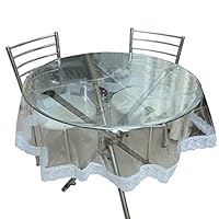 Beautiful Crystal Clear Table Cover Lace Border in Size PVC Tablecloth Protector - Made Table Cover (120 inch Round, Tablecloth with White Lace)