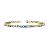 Round Blue Topaz Natural Diamond 3.31 ctw 3-Prong Women Eternity Tennis Bracelet 14K Yellow Gold