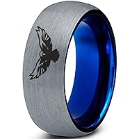 Falcon Eagle Bird Ring - Tungsten Band 8mm - Men - Women - 18k Rose Gold Step Bevel Edge - Yellow - Grey - Blue - Black - Brushed - Polished - Wedding - Gift Dome Flat Cut