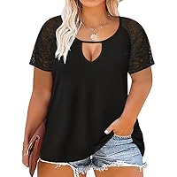 RITERA Plus Size Shirts for Women Lace Sleeve T-Shirts Keyhole Crew Neck Loose Casual Summer Tee Tops