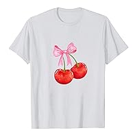 Women Y2K Bow Cherry Print T Shirt Graphic Tees Crewneck Short Sleeve Summer Tops E Girls Aesthetic Clothes Streetwear