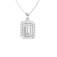 Diamondere Natural and Certified Emerald Cut Gemstone and Diamond Halo Necklace in 14k White Gold | 1.68 Carat Pendant with Chain