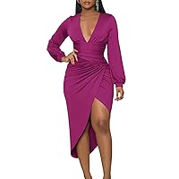 Women's Sexy Long Sleeve Dress Ruched V Neck Cocktail Party Club Dresses