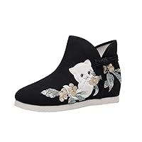 Women Vintage Ankle Boots Embroider Hanfu Shoes for Female Cotton Fabric Shoe Ladies Height Increase Short Booties Black 7