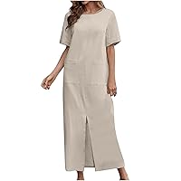 Baggy Crew Neck Maxi Dress for Women 2024 Summer Casual Comfy Linen Short Sleeve Slit Front Beach Dresses with Pockets