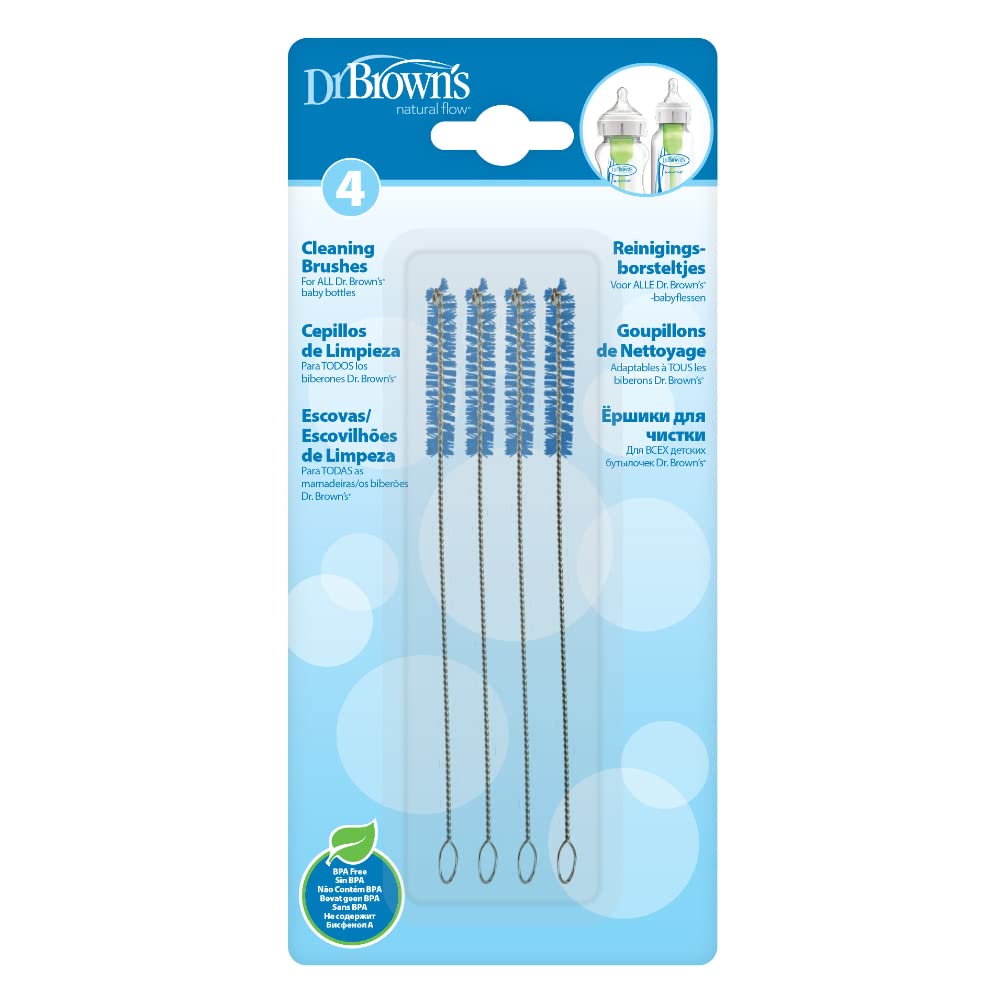 Dr. Brown’s Natural Flow Reusable Baby Bottle Vent System and Reservoir Cleaning Bristle Brush, BPA Free, Blue Brushes, 4-Pack