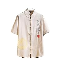 Men Chinese Style Coat Short Sleeve Tops Casual Shirt Stand Collar Tea Cardigan