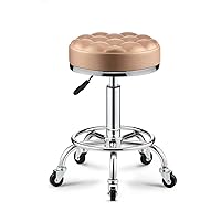 Round Rolling Stool with Wheels and Thicker Softer Seat, Adjustable Height PU Leather Stool Shop Stool with Footrest Swivel Massage SPA Stool Hairdressing Salon Stoo Brown (Gold)