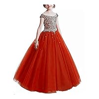 Girl's Off Shoulder Beaded Beauty Pageant Dress Cap Sleeves Ruffled Princess Ball Gown Orange Red