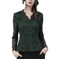 Sexy Hook Flower Hollow Womens Long Sleeve Lace Blouse V-Neck Slim Pearls Button-Down Shirt Autumn Ladies Tops