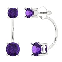 3.1CT Dual Double Drop 2 stone Round Cut Solitaire Natural Amethyst Designer Lever back Drop Dangle Earrings 14k White Gold