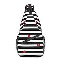 Black White Stripes Red Hearts Chest Bag Shoulder Bag, Love Sling Backpack Casual Travel Bag For Men And Women