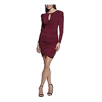GUESS Womens Maroon Jersey Zippered Ruched Crossover Front Hem Lined Pouf Sleeve Keyhole Short Cocktail Sheath Dress 8