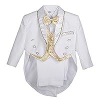 Dressy Daisy Baby Boy Classic Tuxedo Suit 5 Pcs Set Formal Dress Wear Wedding Outfit with Gold Jacquard Vest, Black/White