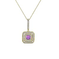 Princess Amethyst & Natural Diamond Double Halo Pendant 0.36 ctw 14K Yellow Gold. Included 18 Inches Chain