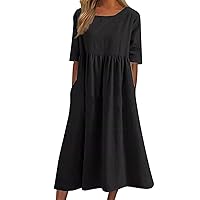 Womens Casual Summer Dress 2023 Women Cotton Linen Dress Short Sleeve Crewneck Pocket Dress Casual Dresses