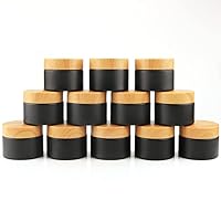 12 Pack 50gram/1.7oz Glass Cream Jars Empty Frosted Sample Containers Refillable Cosmetic Jar Vials with Plastic Wood Grain Lid&Inner Liner for Lotion Face Cream Moisturiser Gel Ointment - Black