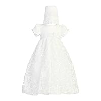 Baby Girl Long White Embroidered Satin Ribbon Tulle Christening Dress with Hat