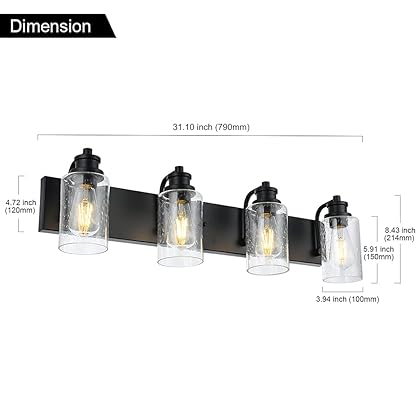 VINLUZ Bathroom Vanity Light Fixture,Industrial Modern 4 Light Wall Lighting with Seedy Glass Shade,Matte Black Wall Lamp for Bath Mirror Kitchen Porch Workshop