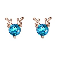 Blue Crystal Deer Stud Earrings for Women Girls 925 Sterling Silver Post Pin Hypoallergenic Cute Small Birthstone Animal Elk Cartilage Studs Fashion Christmas Festival Jewelry Gifts for Daughter Niece