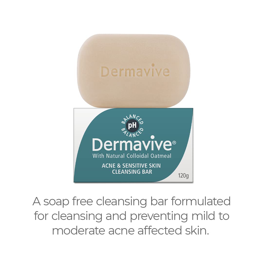Dermavive Acne & Sensitive Skin Cleansing Bar - Acne-Prone Skin and Blemishes Cleanser Soap Bar with Natural Colloidal Oatmeal, 120g (Pack of 1)