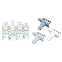 Dr. Brown's Anti-Colic Options+ Narrow Baby Bottles & HappyPaci 100% Silicone Pacifier 0-6m, BPA Free, White, Blue, Light Blue, 3 Pack