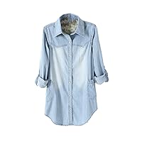 Women Spring Casual Denim Blouse Long Sleeve Turndown Collar Washed Blue Jeans Shirts Loose Cowboy Top