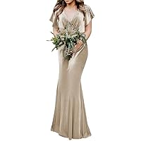 Flutter Sleeve Wedding Bridesmaid Dresses Long V-Neck Formal Velvet Dress for Women R009