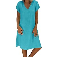 Women's Cotton Linen Dress V Neck Short Sleeve Casual Tunic Dresses Loose Fit Solid T Shirt Dress Lightweight Summer Dresses