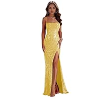 Women’s Spaghetti Straps Sequined Prom Dresses Mermaid Split Long Evening Formal Party Gowns Backless Cocktail Dresses