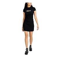 Womens Black Stretch Cut Out Ribbed Keyhole Back Short Sleeve Mock Neck Mini Party Body Con Dress Juniors XS