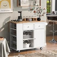 Kitchen Island with Power Outlet, Kitchen Storage Island with Drop Leaf and Rubber Wood, Open Storage and Wine Rack, 5 Wheels with Adjustable Storage for Kitchen and Dining Room, White