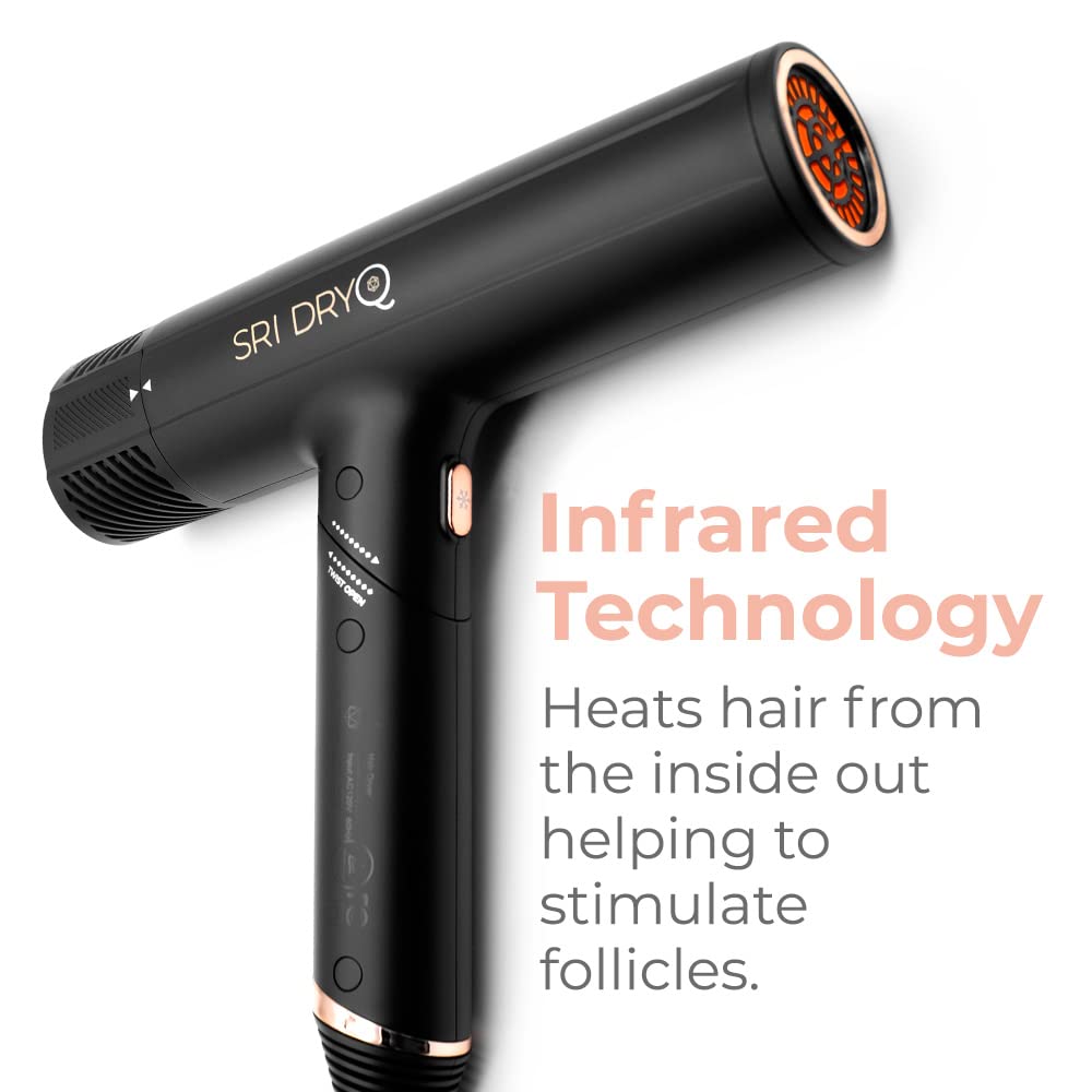 Skin Research Institute (SRI) DryQ “Smart” Hair Dryer - Super Lightweight - Foldable - Powerful, Quiet Motor - Infrared and Ionic Technology - 3 Free Magnetic Attachments - Intelligent Heat Control