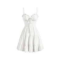 Verdusa Women's Sleeveless V Neck Frill Trim Tie Front Ruffle Hem A Line Spaghetti Strap Mini Cami Dress