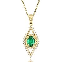Certificated 14K Yellow Gold Natural Emerald Diamond Pendant Necklaces Engagement Wedding for Women