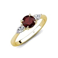 Round Red Garnet & Pear Shape Natural Diamond 1.45 ctw Women Three Stone Engagement Ring 14K Gold