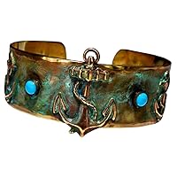 Men's Anchors Aweigh Verdigris Patina Brass Cuff Bracelet - Turquoise