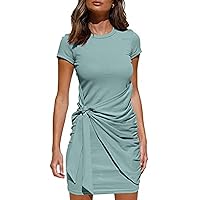 Women's Bohemian Swing Short Sleeve Knee Length Beach Round Neck Trendy Dress Casual Summer Solid Color Flowy Mint Green