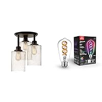 Globe Electric 65904 Annecy 3-Light Oil-Rubbed Bronze Flush Mount with Seeded Glass Shade + 35847 Wi-Fi Smart 7W (60W Equivalent) Multicolor Changing RGB Tunable White Clear LED Light Bulb, ST19 Shape