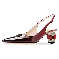 FSJ Women Pointed Toe Slingback Wedding Pumps Chunky Low Heel Rhinestone Sandals Crystal Dress Party Office Shoe with Buckle Size 4-15 M US